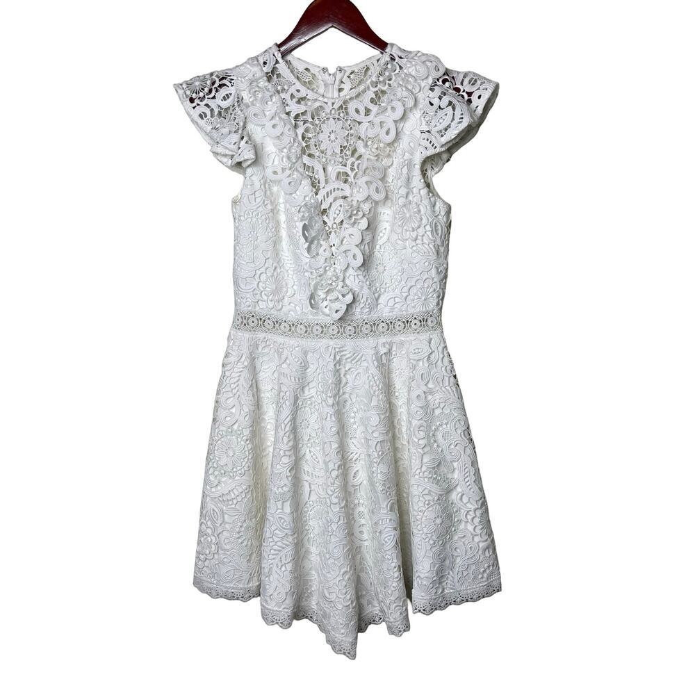 AMUR Crochet Lace Flutter Sleeve Mini Dress White Womens 6